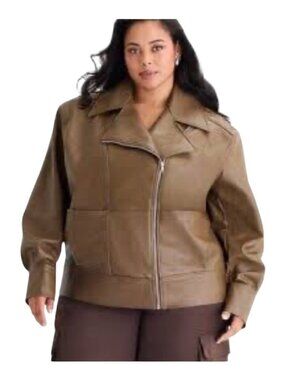 Ashley Graham Womens Plus Faux Leather Midweight Motorcycle Jacket Brown Size 5X